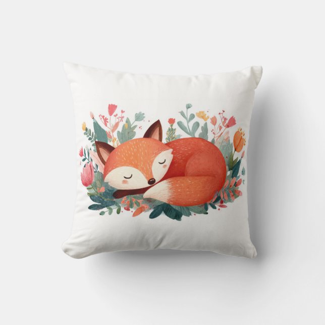 Sleeping Fox Floral Cute Illustration Throw Pillow (Front)