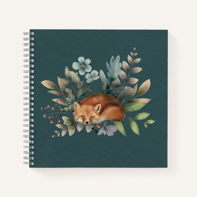 Sleeping Fox Flowers Leaves Dark Green Background Notebook (Front)