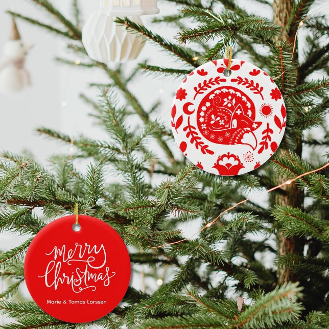 Sleeping Fox Folk Art Custom Ceramic Ornament (Creator Uploaded)