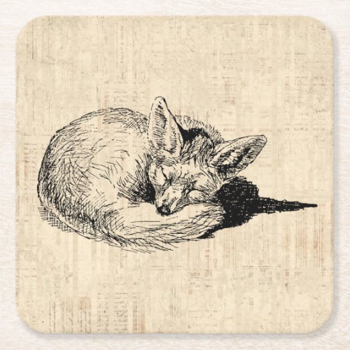 Sleeping Fox Illustrated Art Cute Vintage Animal Square Paper Coaster