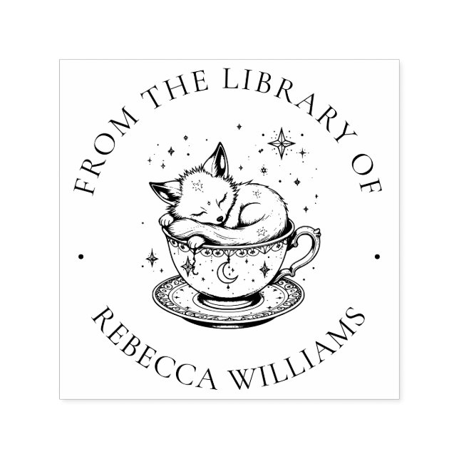 Sleeping Fox in Magical Teacup Bookplate Library Self-inking Stamp (Design)