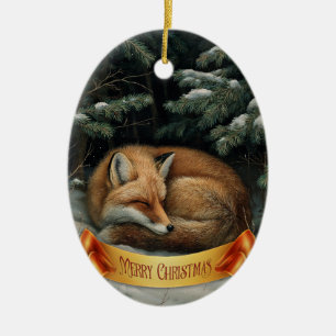 Sleeping Fox in Winter Forest Ceramic Ornament