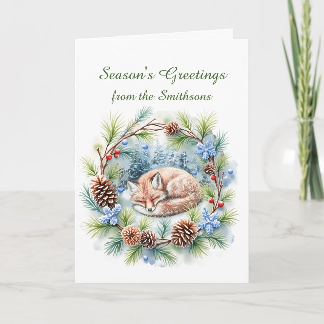 Sleeping Fox in Winter Wreath Holiday Card (Front)