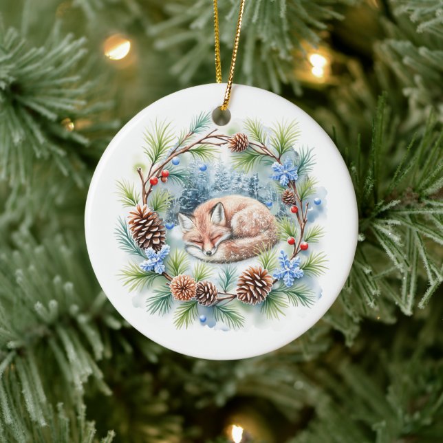 Sleeping Fox in Winter Wreath Holiday Ceramic Ornament (Tree)