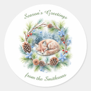Sleeping Fox in Winter Wreath Holiday Classic Round Sticker