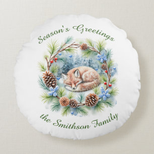 Sleeping Fox in Winter Wreath Holiday Round Pillow