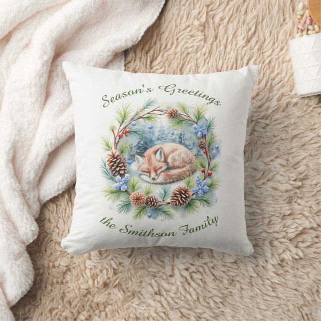 Sleeping Fox in Winter Wreath Holiday Throw Pillow (Blanket)