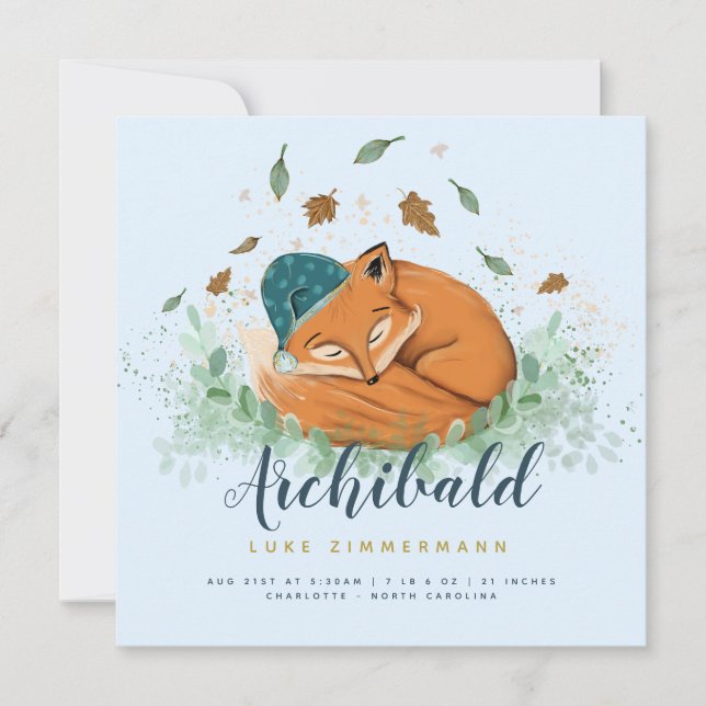 Sleeping Fox Personalized Birth Announcement (Front)