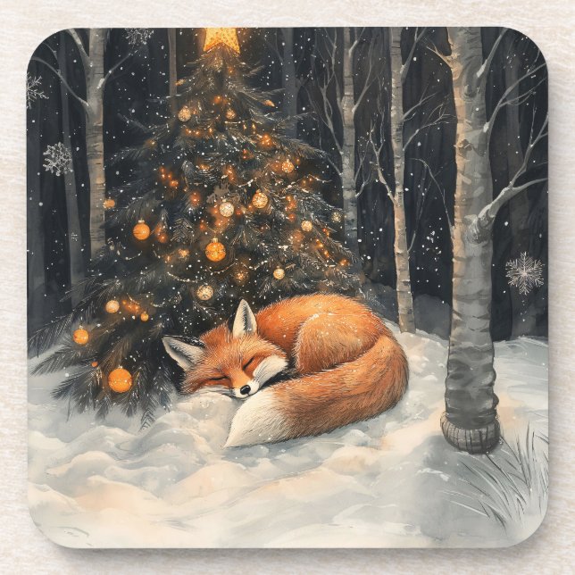 Sleeping Fox Whimsical Rustic Christmas Beverage Coaster (Front)