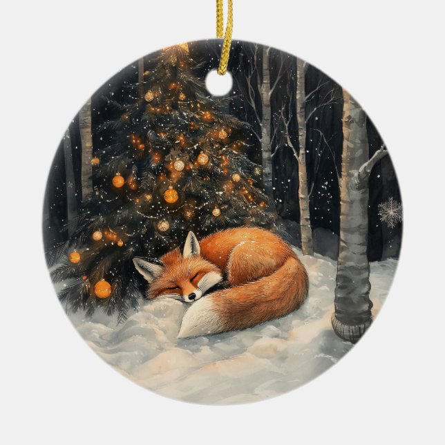 Sleeping Fox Whimsical Rustic Christmas Ceramic Ornament (Front)