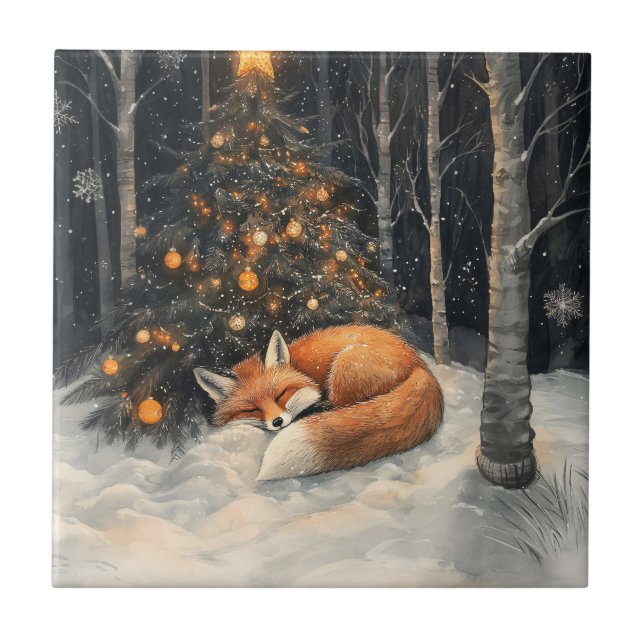 Sleeping Fox Whimsical Rustic Christmas Ceramic Tile (Front)