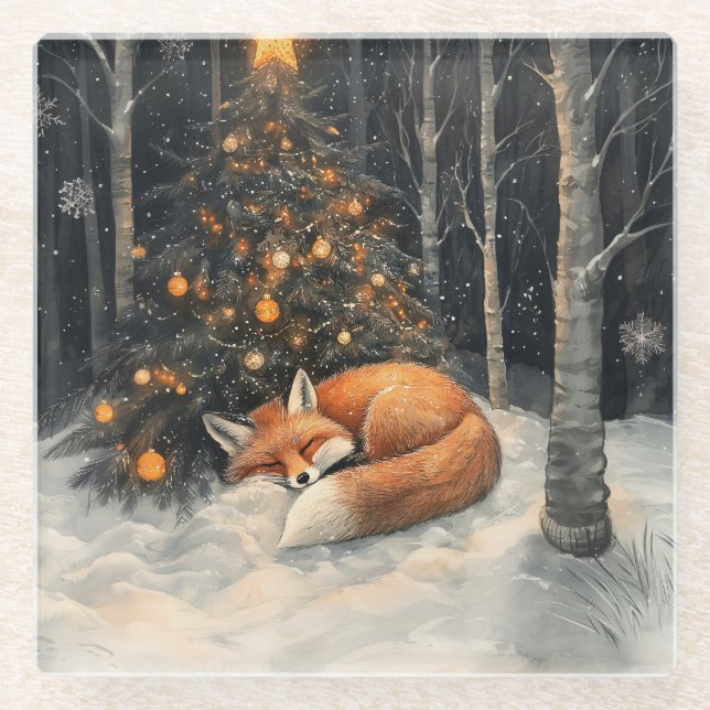 Sleeping Fox Whimsical Rustic Christmas Glass Coaster (Front)