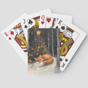 Sleeping Fox Whimsical Rustic Christmas Poker Cards