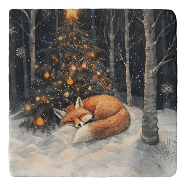 Sleeping Fox Whimsical Rustic Christmas Trivet (Front)