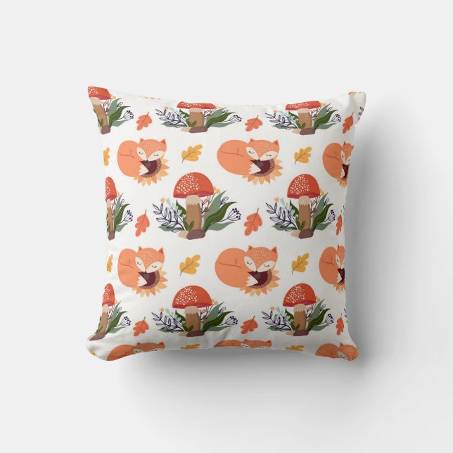 Sleeping Foxes & Mushrooms Throw Pillow (Front)