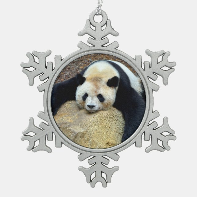 Sleeping giant panda slumped on a rock jigsaw puzz snowflake pewter christmas ornament (Front)