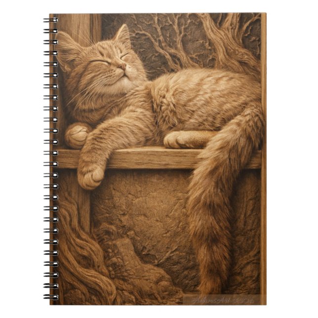 Sleeping Ginger Cat in Rustic Woodcut Style Notebook (Front)
