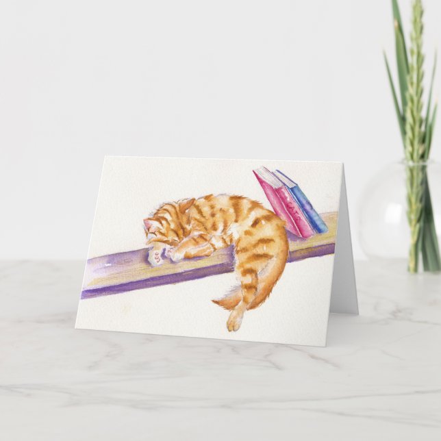 Sleeping Ginger Kitten with books Greetings Card (Front)