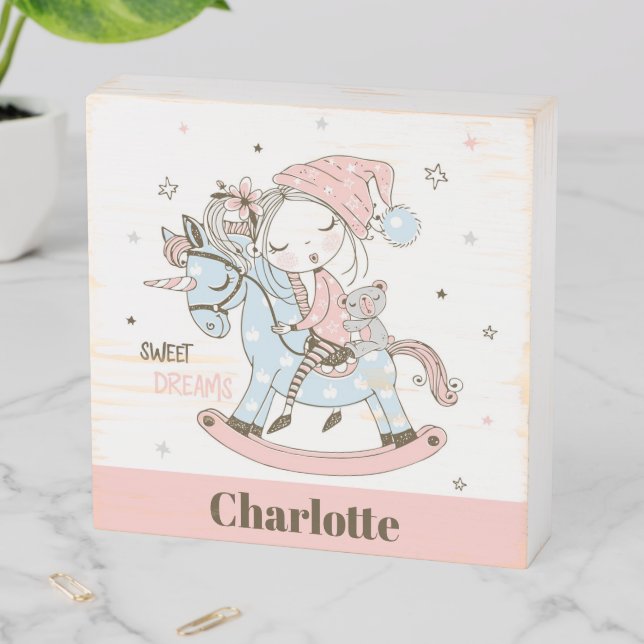 Sleeping Girl Rocking Horse Wood Box Sign (In Situ Horizontal)