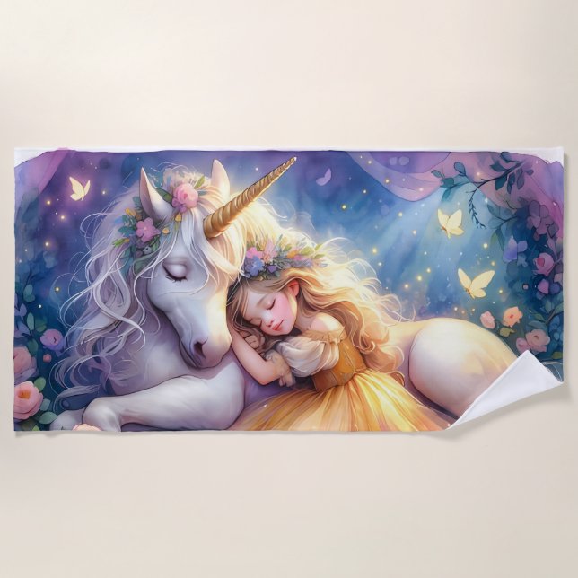 Sleeping Girl Unicorn Dreamscape Beach Towel (Front)