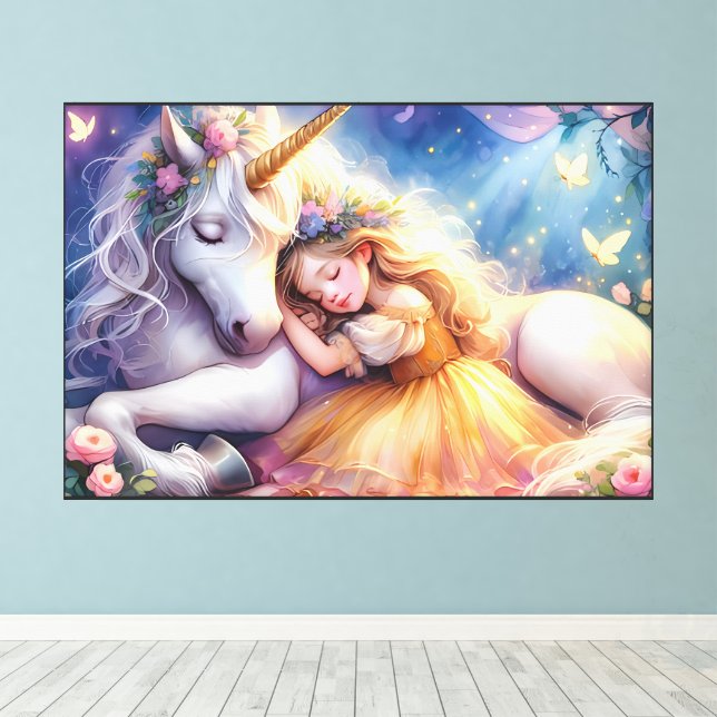 Sleeping Girl Unicorn Dreamscape Canvas Print (Insitu(Wood Floor))