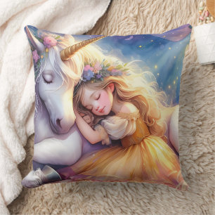 Sleeping Girl Unicorn Dreamscape Throw Pillow