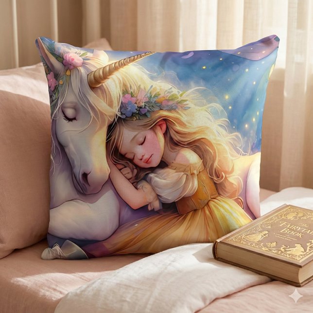 Sleeping Girl Unicorn Dreamscape Throw Pillow (Sleeping Girl Unicorn Dreamscape Throw Pillow Mockup A)