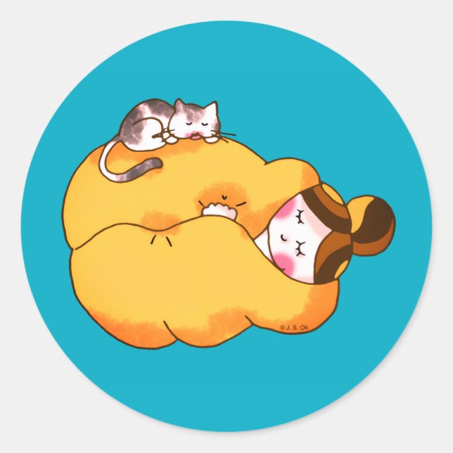 Sleeping Girl with Cozy Cat Classic Round Sticker (Front)