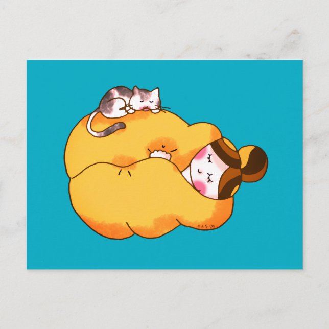 Sleeping Girl with Cozy Cat Postcard (Front)