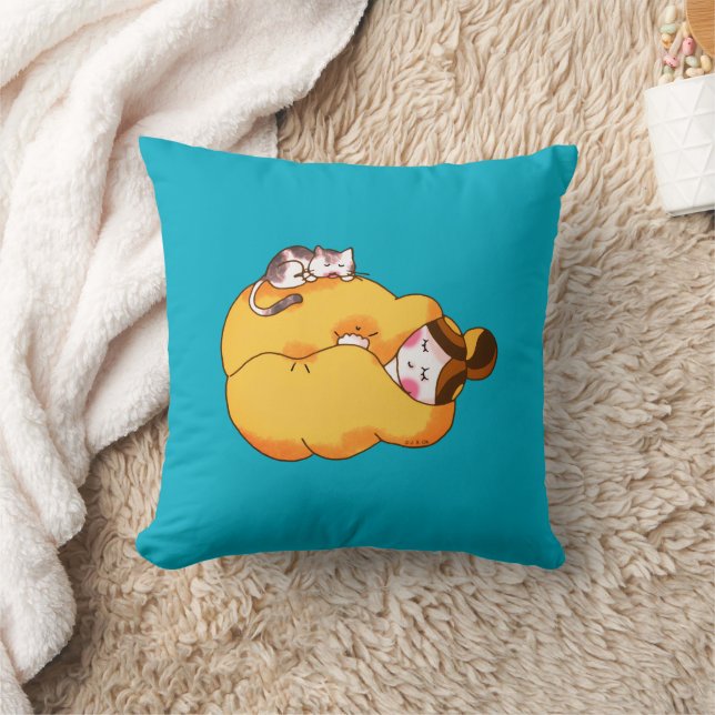 Sleeping Girl with Cozy Cat Throw Pillow (Blanket)