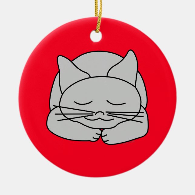 Sleeping Gray Cat Ceramic Ornament (Front)