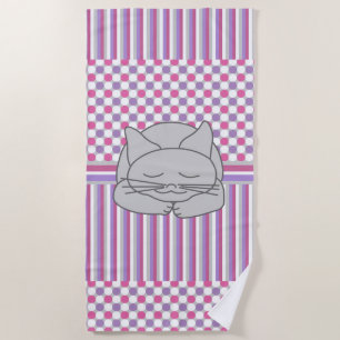 Sleeping Gray Cat Pattern Beach Towel
