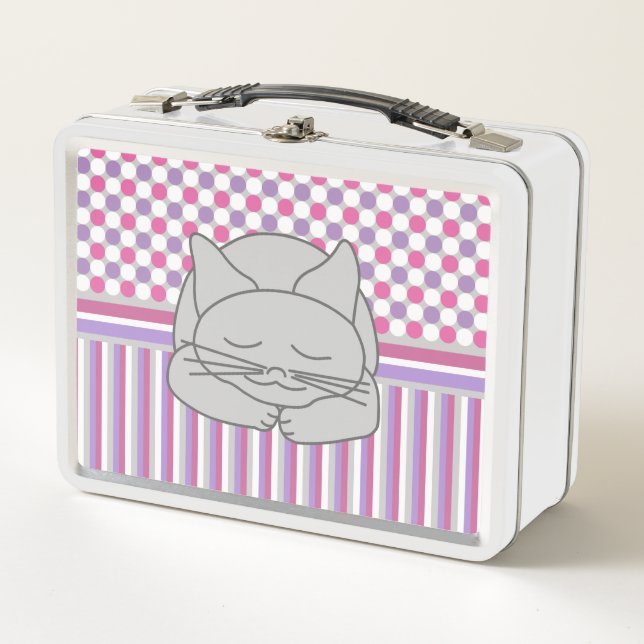 Sleeping Gray Cat Pattern Metal Lunch Box (Front)