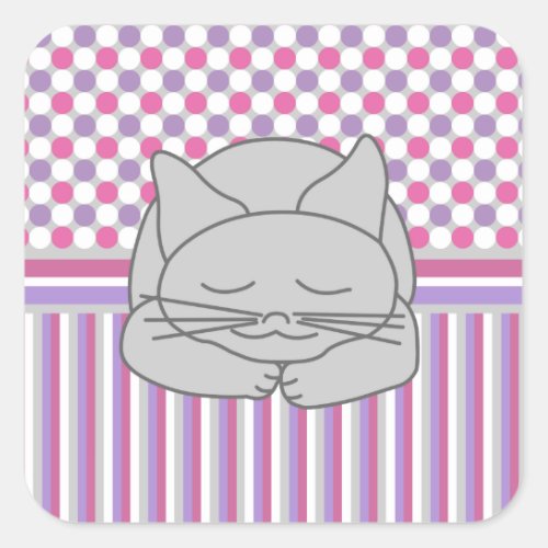 Sleeping Gray Cat Pattern Square Sticker