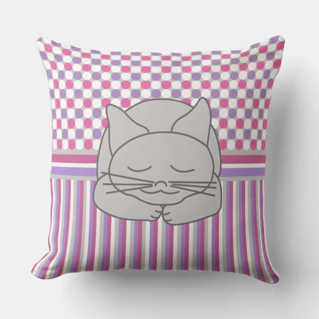 Sleeping Gray Cat Pattern Throw Pillow (Front)