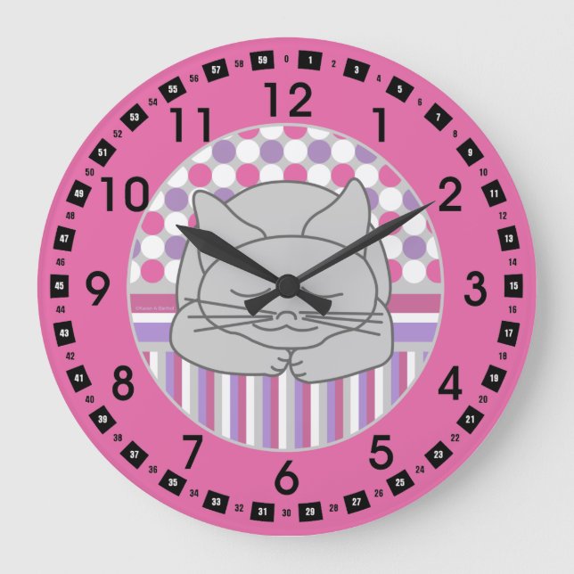 Sleeping Gray Cat Patterned Oval Large Clock (Front)