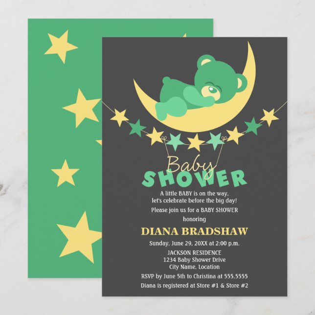 Sleeping Green Teddy Bear On Moon Baby Shower Invitation (Front/Back)