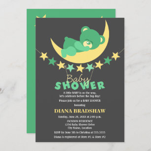 Sleeping Green Teddy Bear On Moon Baby Shower Invitation