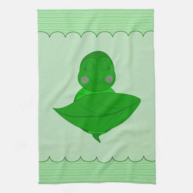 Sleeping Green Turtle Frilly Frame With Stripes Towel (Vertical)