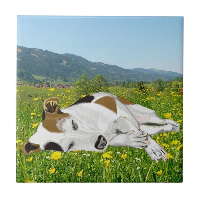 Sleeping Jack Russell in a Flower Meadow  Ceramic Tile (Front)