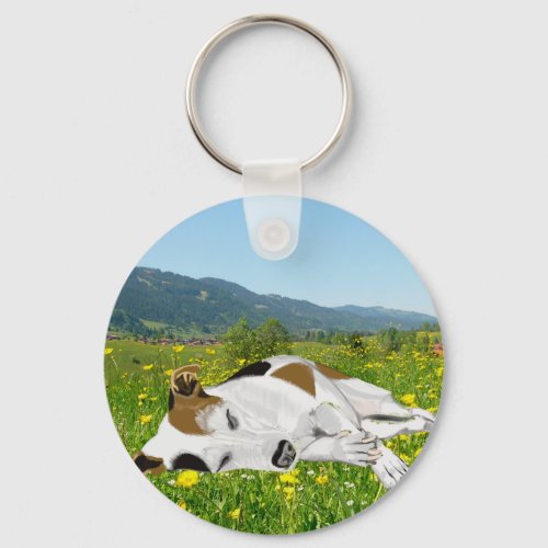 Sleeping Jack Russell in a Flower Meadow  Keychain