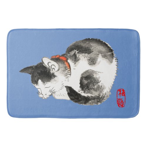 Sleeping Japanese Cat Black and White Bath Mat