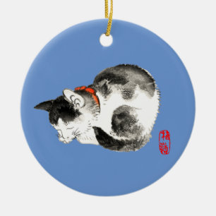 Sleeping Japanese Cat Black and White Ceramic Ornament