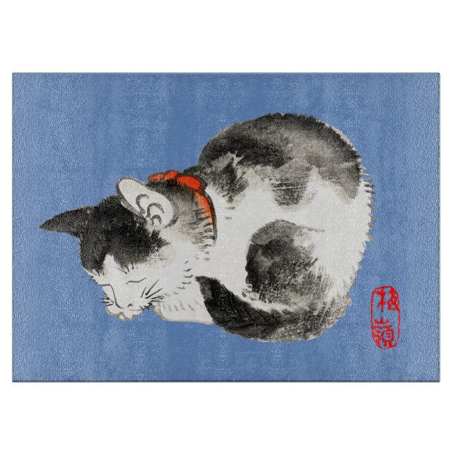 Sleeping Japanese Cat Black and White Cutting Board (Front)