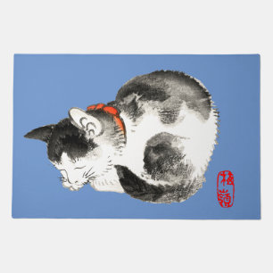 Sleeping Japanese Cat Black and White Doormat