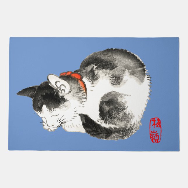 Sleeping Japanese Cat Black and White Doormat (Front)