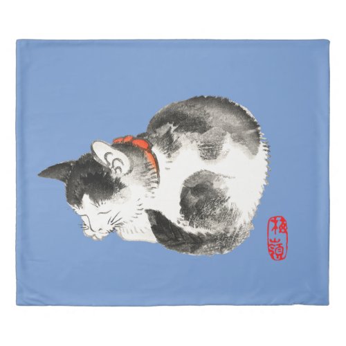 Sleeping Japanese Cat Black and White Duvet Cover
