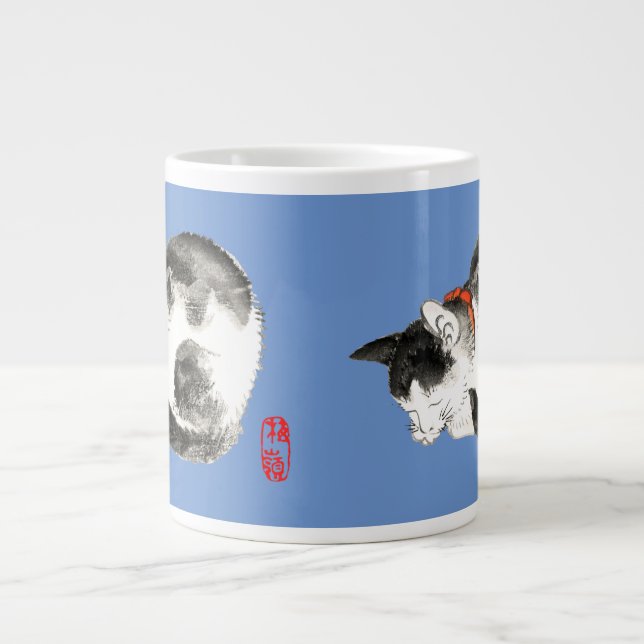 Sleeping Japanese Cat Black and White Giant Coffee Mug (Front)