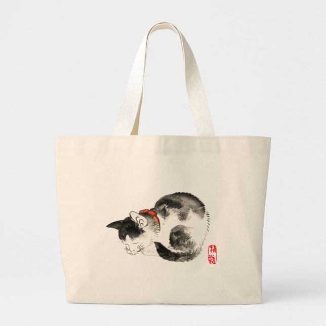 Sleeping Japanese Cat Black and White Large Tote Bag (Front)