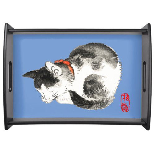 Sleeping Japanese Cat Black and White Serving Tray